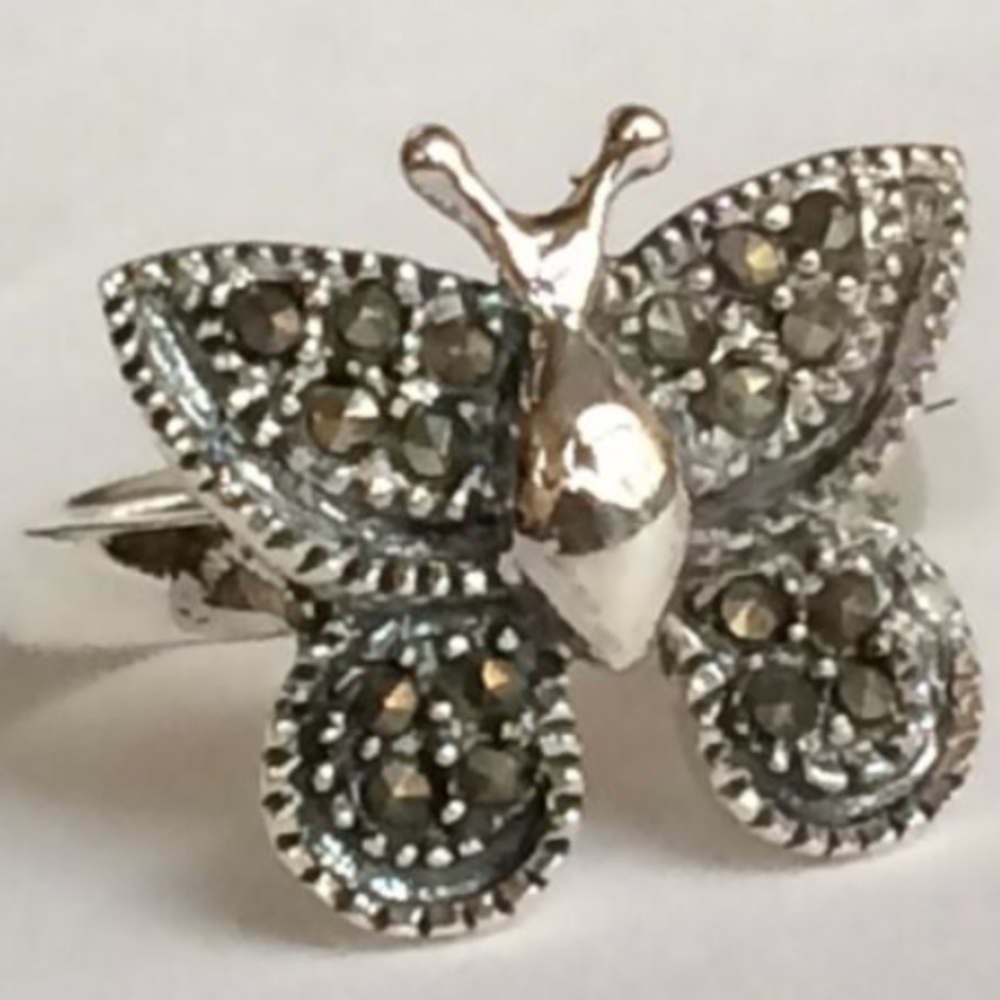 Vintage 925 Sterling Silver Marcasite Butterfly Cocktail Ring Size 6 8 Insect